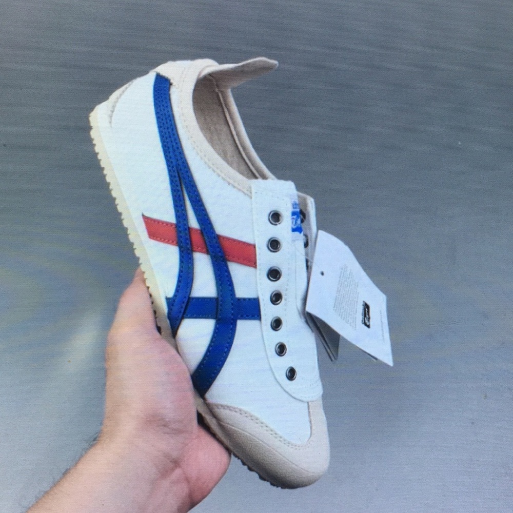 Onitsuka Tiger White Sneakers with Blue and Red Accents